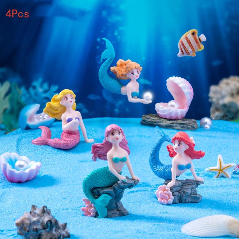 Aquarium Fish Enrichment - 4 個のプラスチック水槽リトルマーメイドオーナメントミニチュア置物水族館の装飾 DIY ケーキ装飾デスククラフトアクセサリー