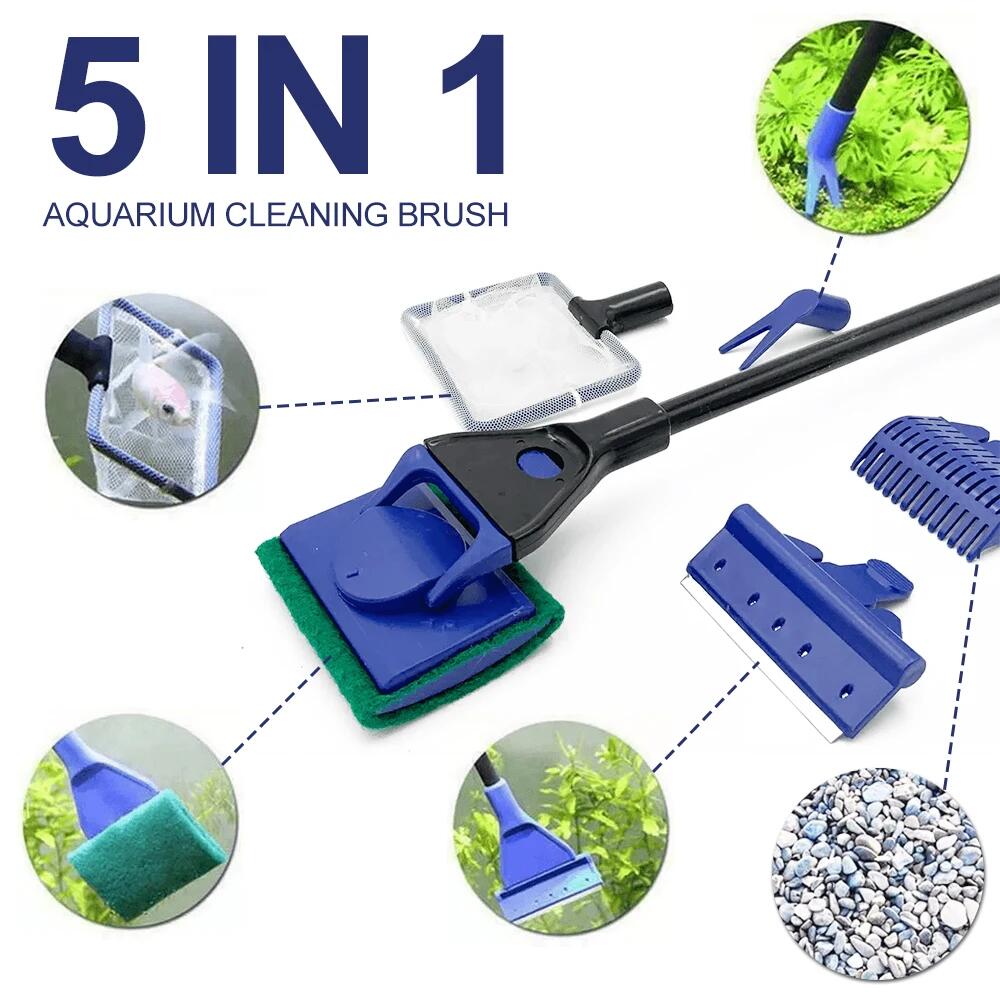 Algae Scraper Blade - 5in1 水族館クリーニングツール植物フォークスプーンネットスポンジブラシ砂利熊手藻スクレーパー