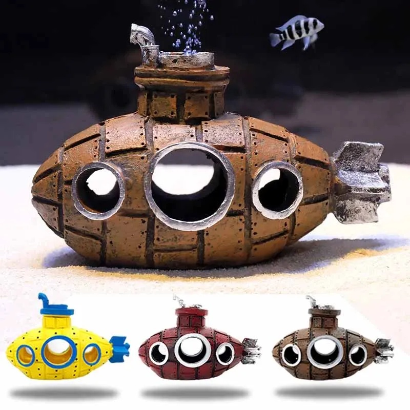 Aquarium Fish Enrichment - 樹脂製潜水艦型オーナメント、水槽飾り、魚やエビの隠れ家、洞窟、水槽用造園アクセサリー
